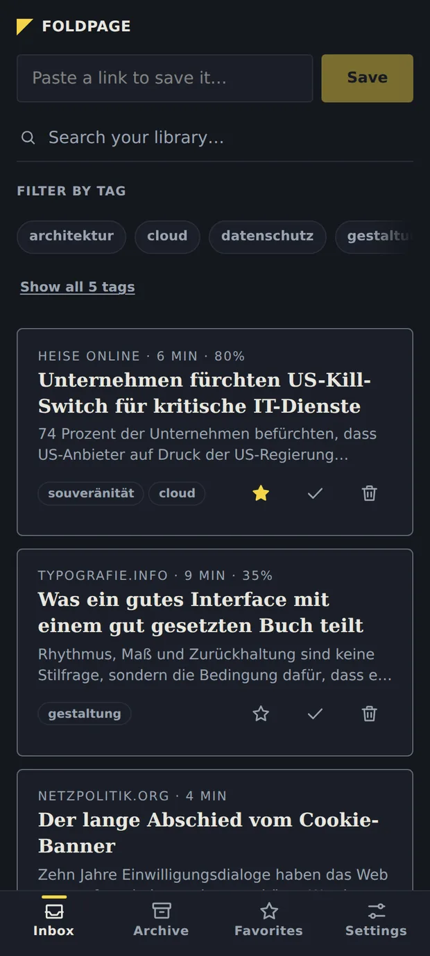 The library in the dark theme, showing saved articles with tags and reading time