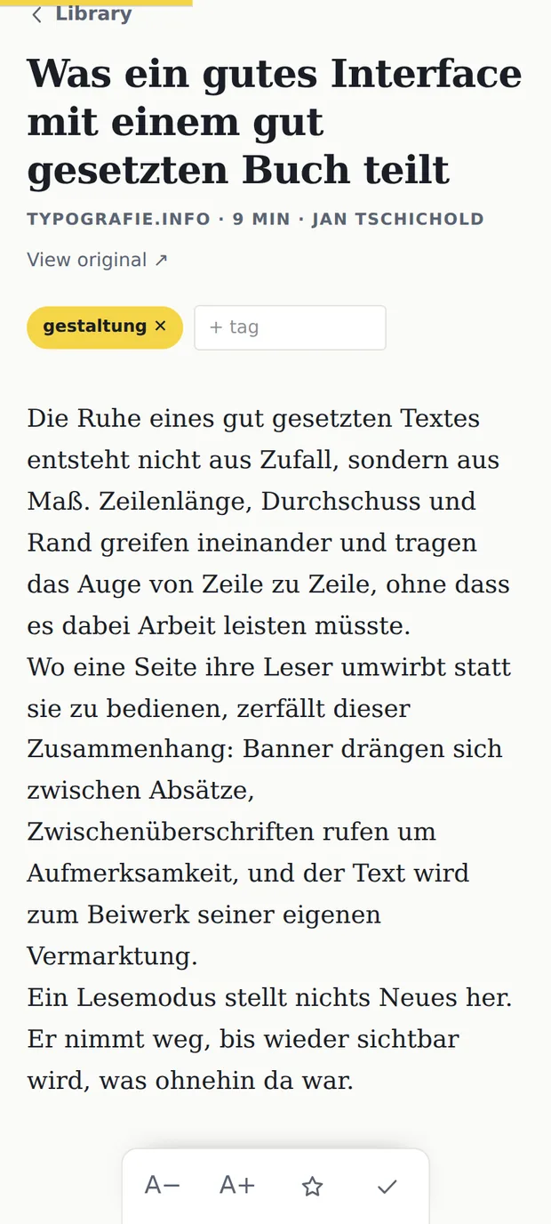 The reader in the light theme: serif body text with a progress bar at the top