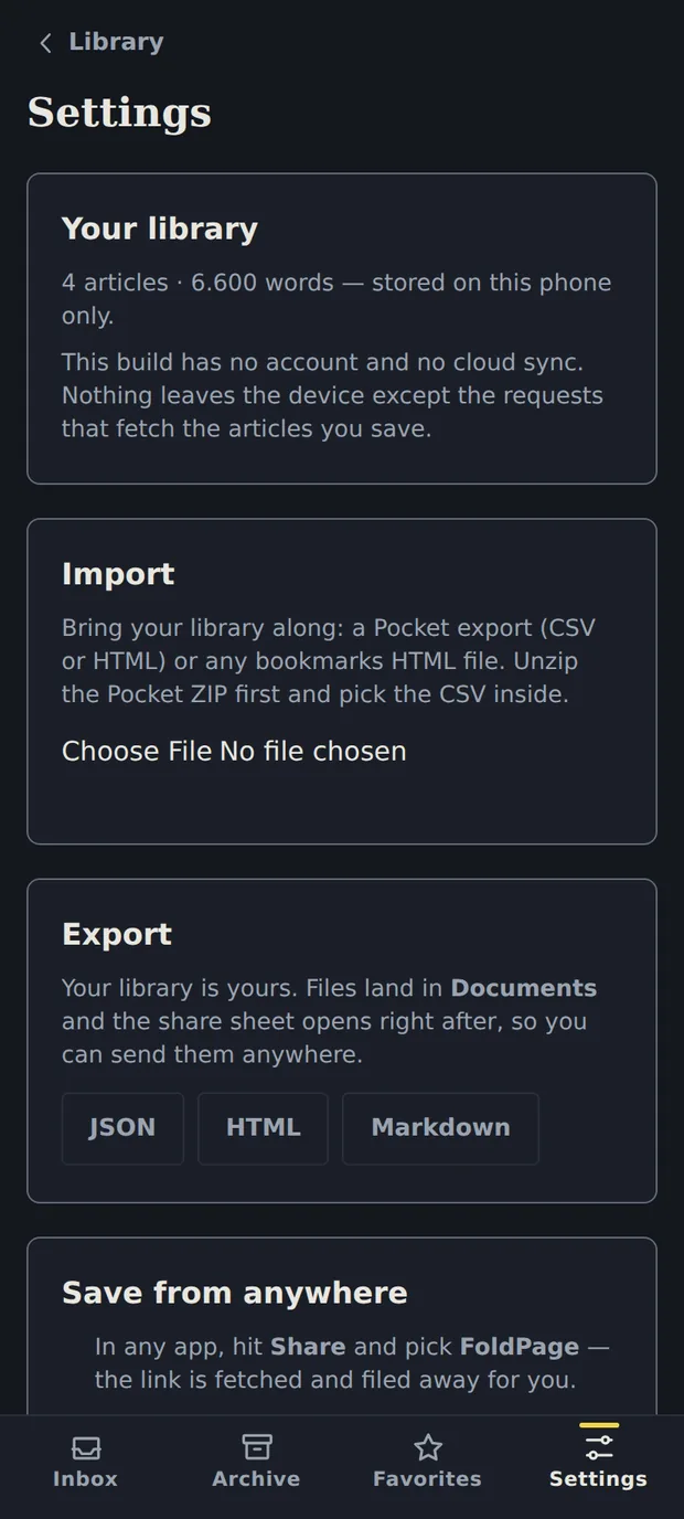The settings screen with library statistics, import and export